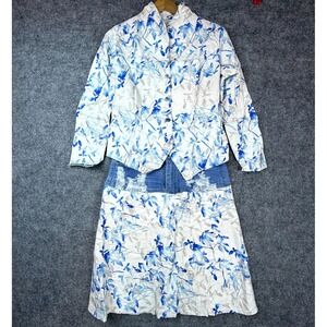 Vibrant M.I.U 2-Piece Skirt Suit Set Womens M White Blue Floral Denim Distressed
